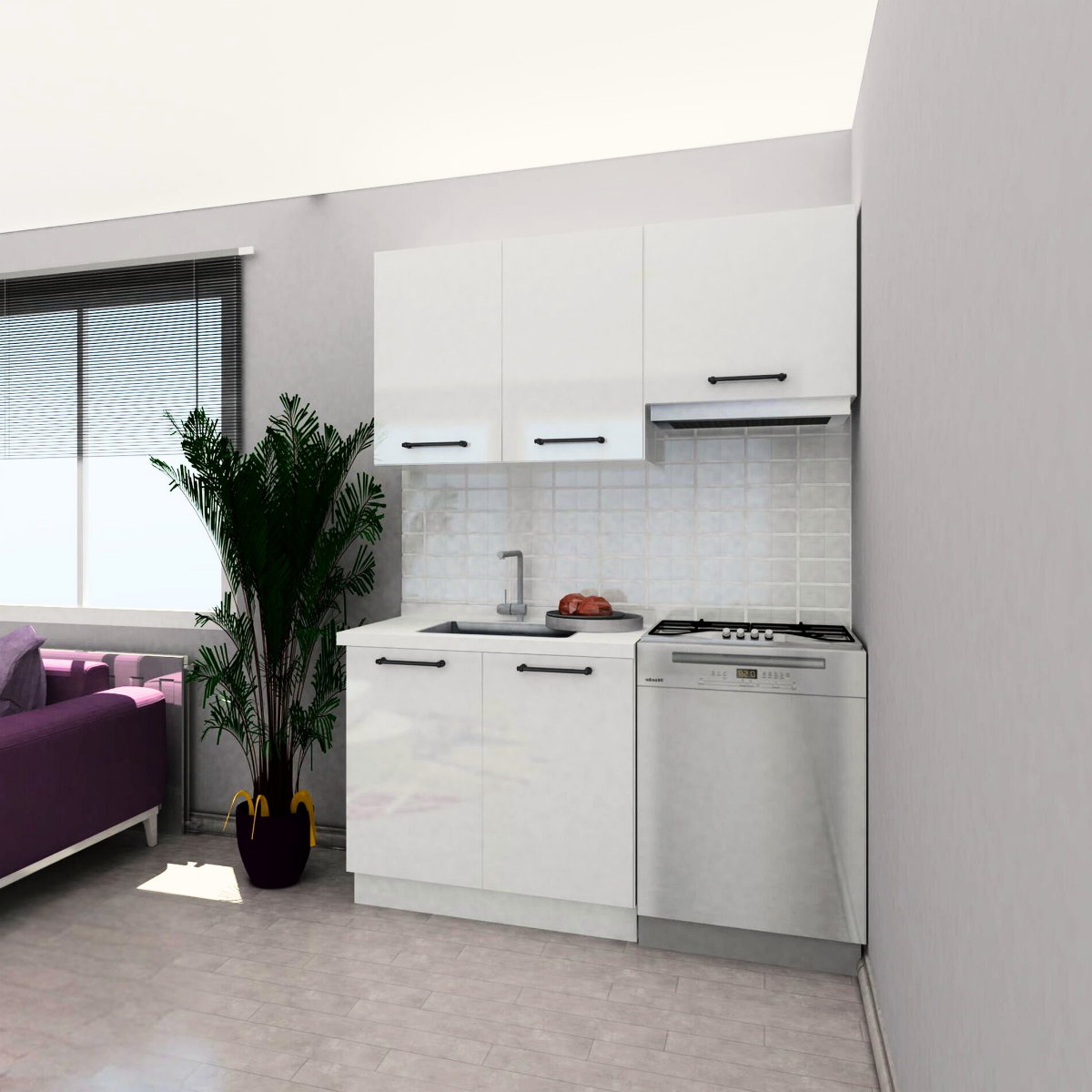 Tiana 150 cm Parlak Beyaz MDF Lam Mutfak Dolabı