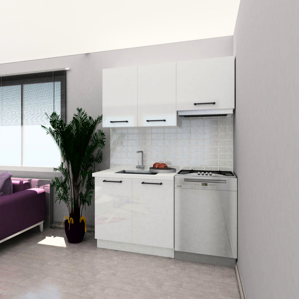Tiana 150 cm Parlak Beyaz MDF Lam Mutfak Dolabı