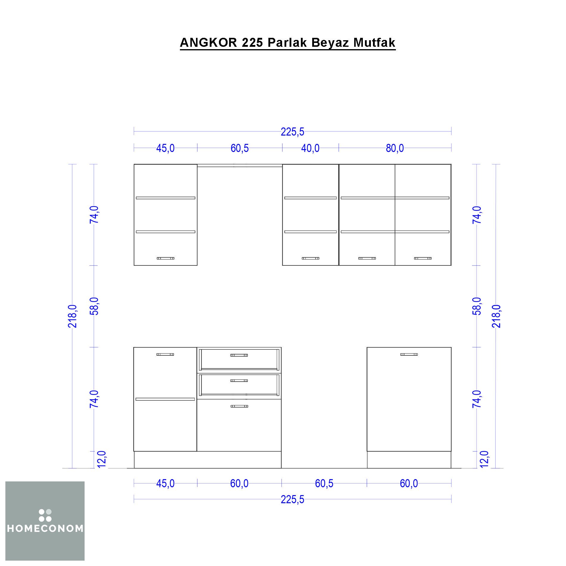 Angkor 225 cm Parlak Beyaz MDF Lam Mutfak Dolabı