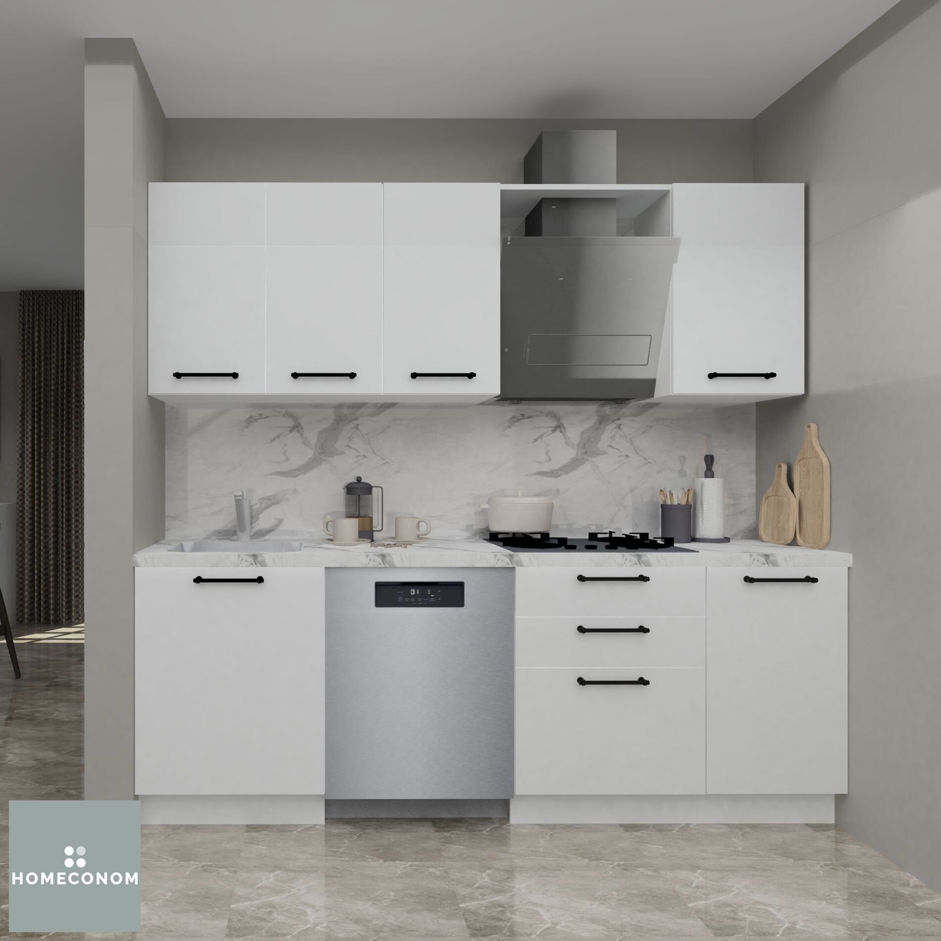 Tiana 225 cm Parlak Beyaz MDF Lam Mutfak Dolabı