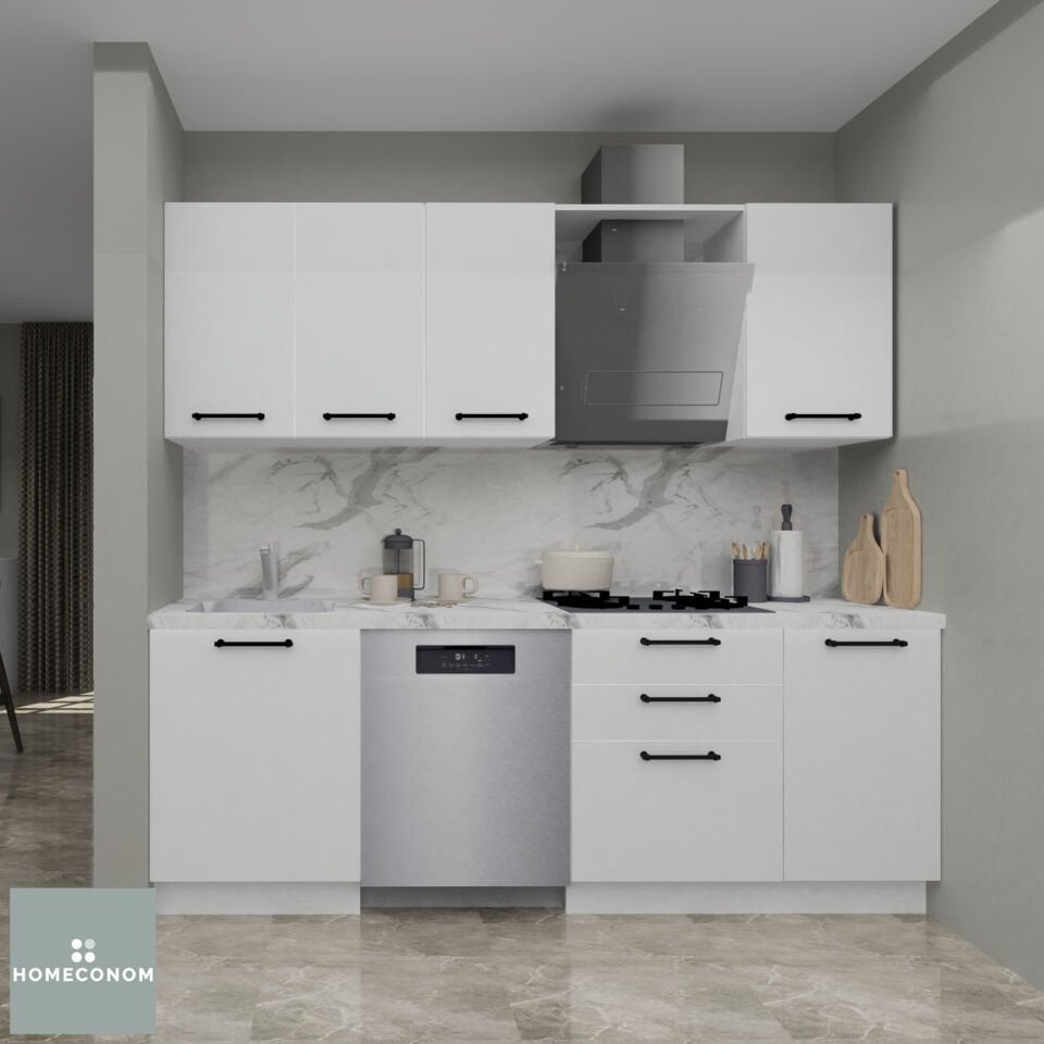 Tiana 225 cm Parlak Beyaz MDF Lam Mutfak Dolabı