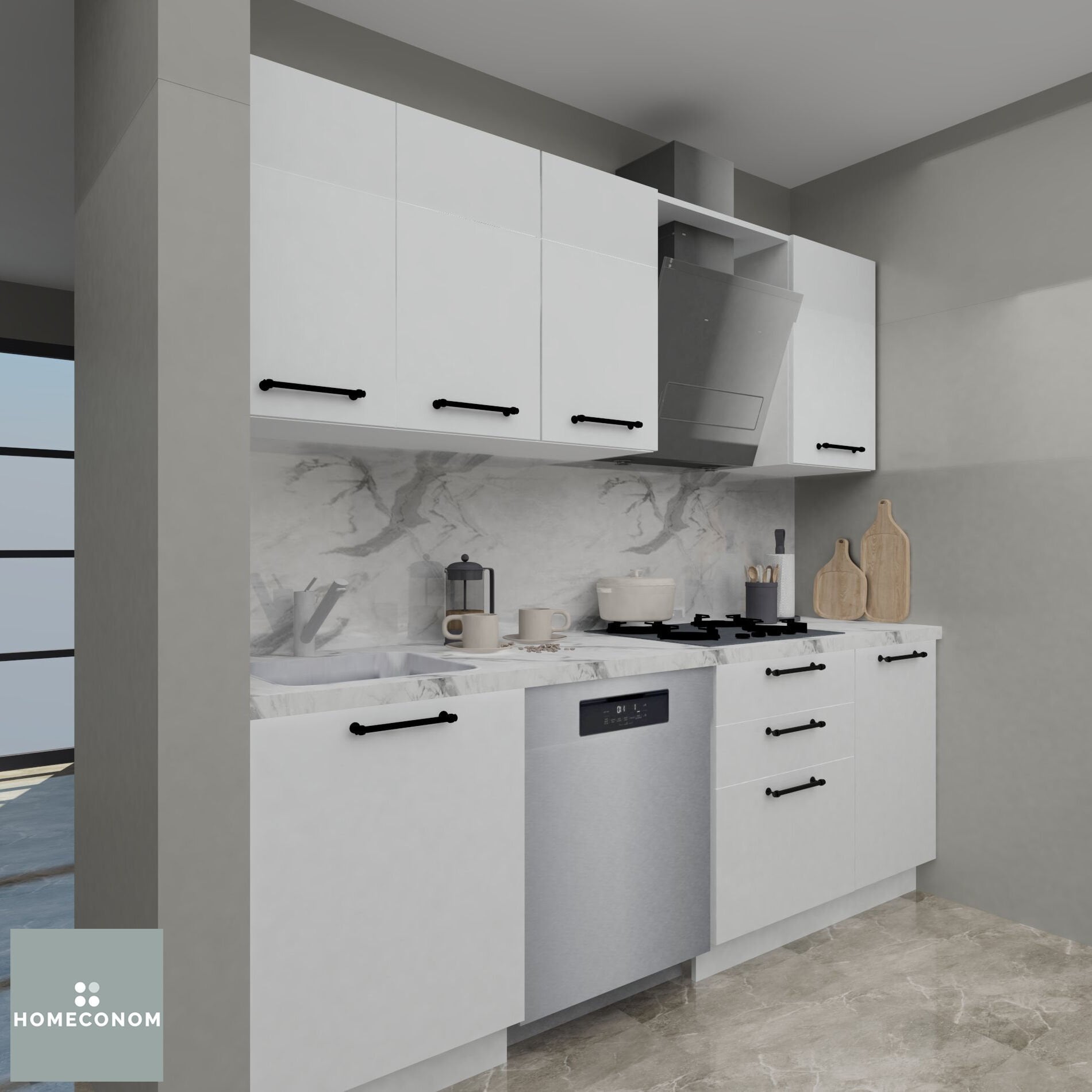 Tiana 225 cm Parlak Beyaz MDF Lam Mutfak Dolabı