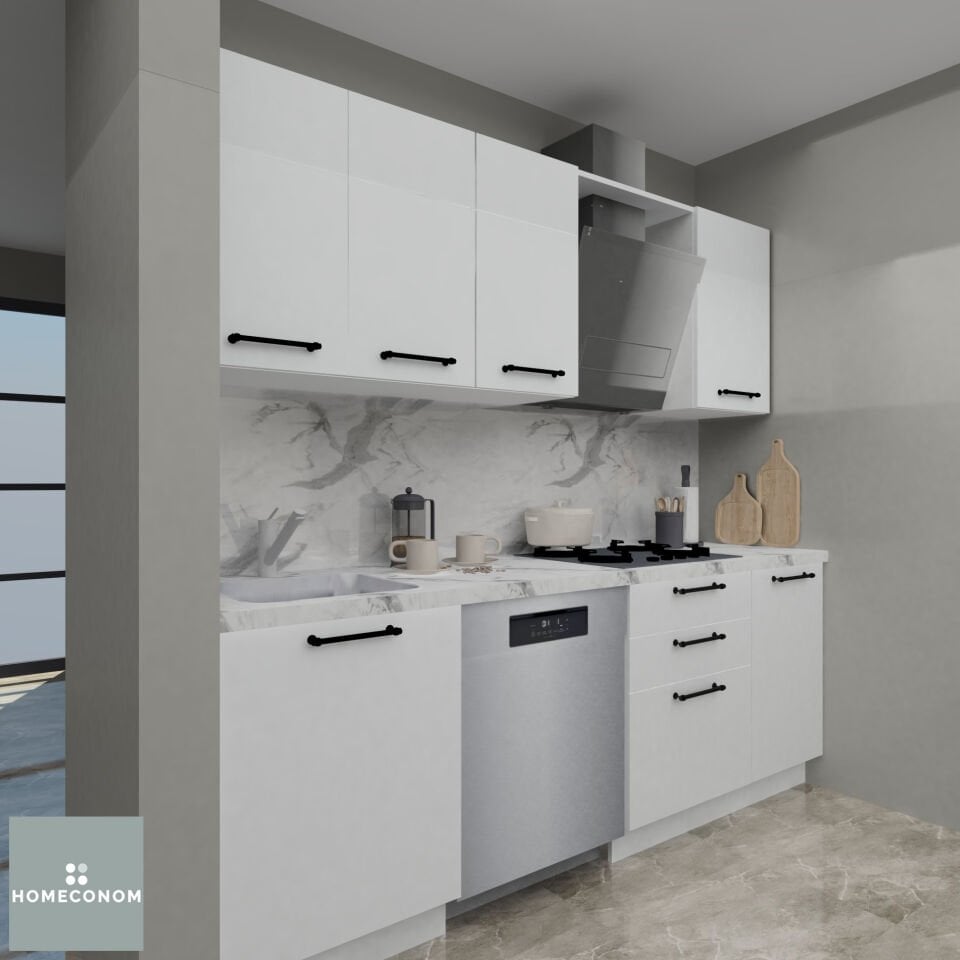 Tiana 225 cm Parlak Beyaz MDF Lam Mutfak Dolabı