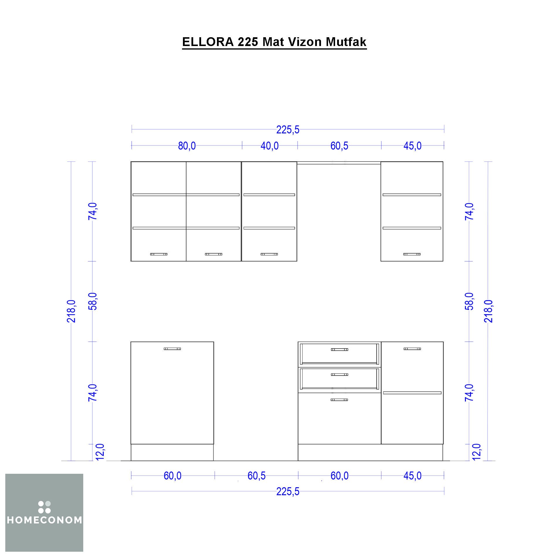 Ellora 225 cm Mat Vizon MDF Lam Mutfak Dolabı