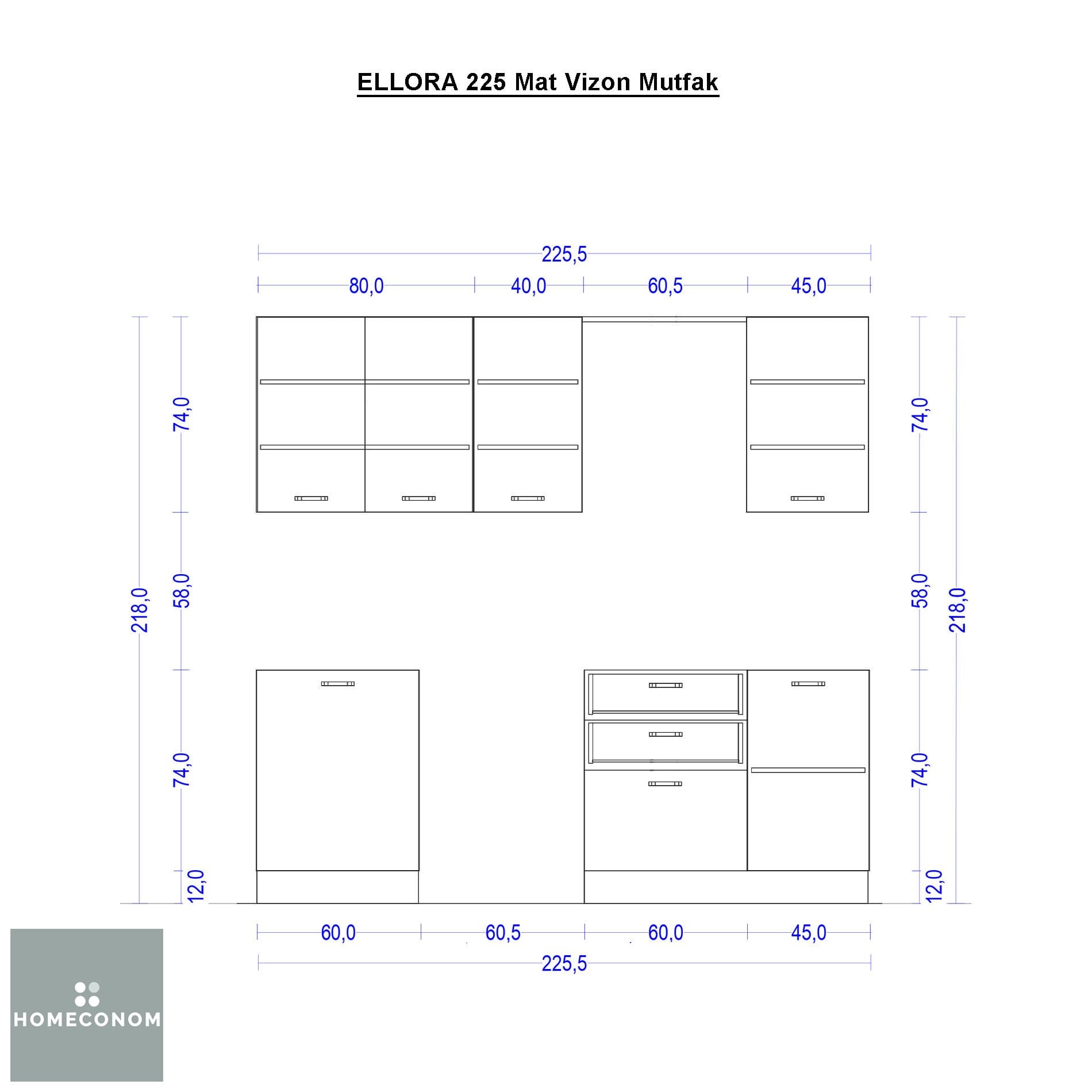 Ellora 225 cm Mat Vizon MDF Lam Mutfak Dolabı
