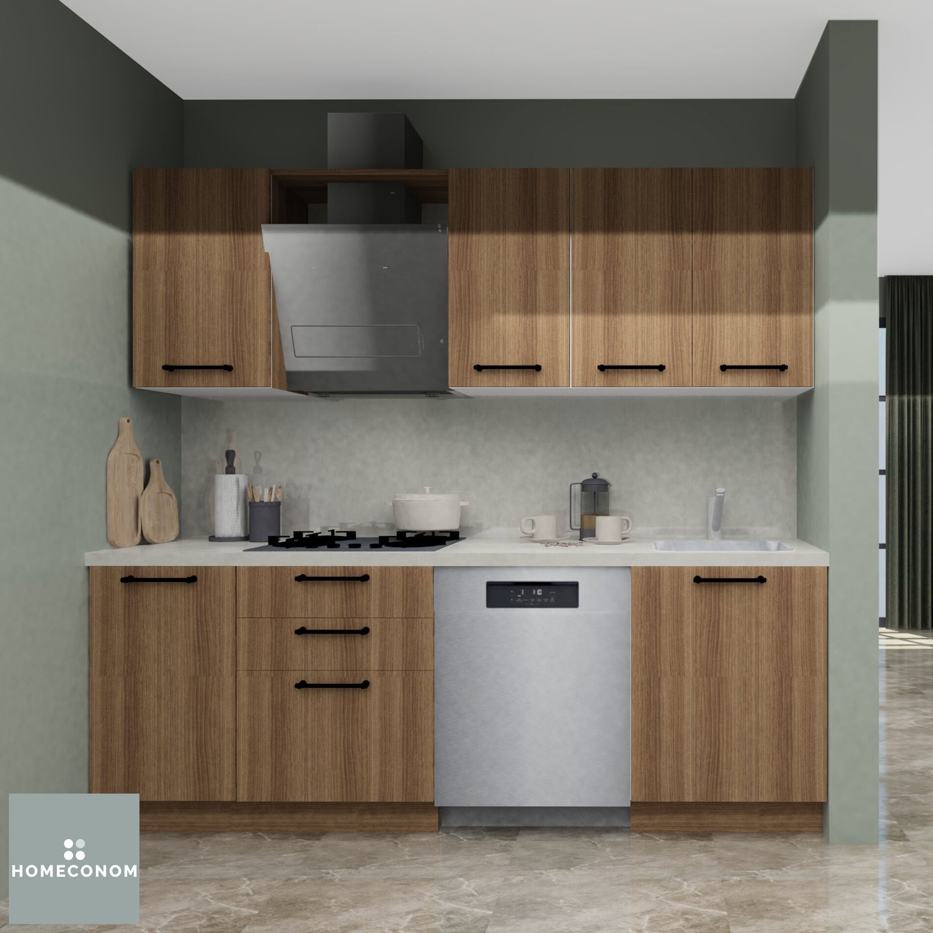 Petra 225 cm Mat Ceviz MDF Lam Mutfak Dolabı