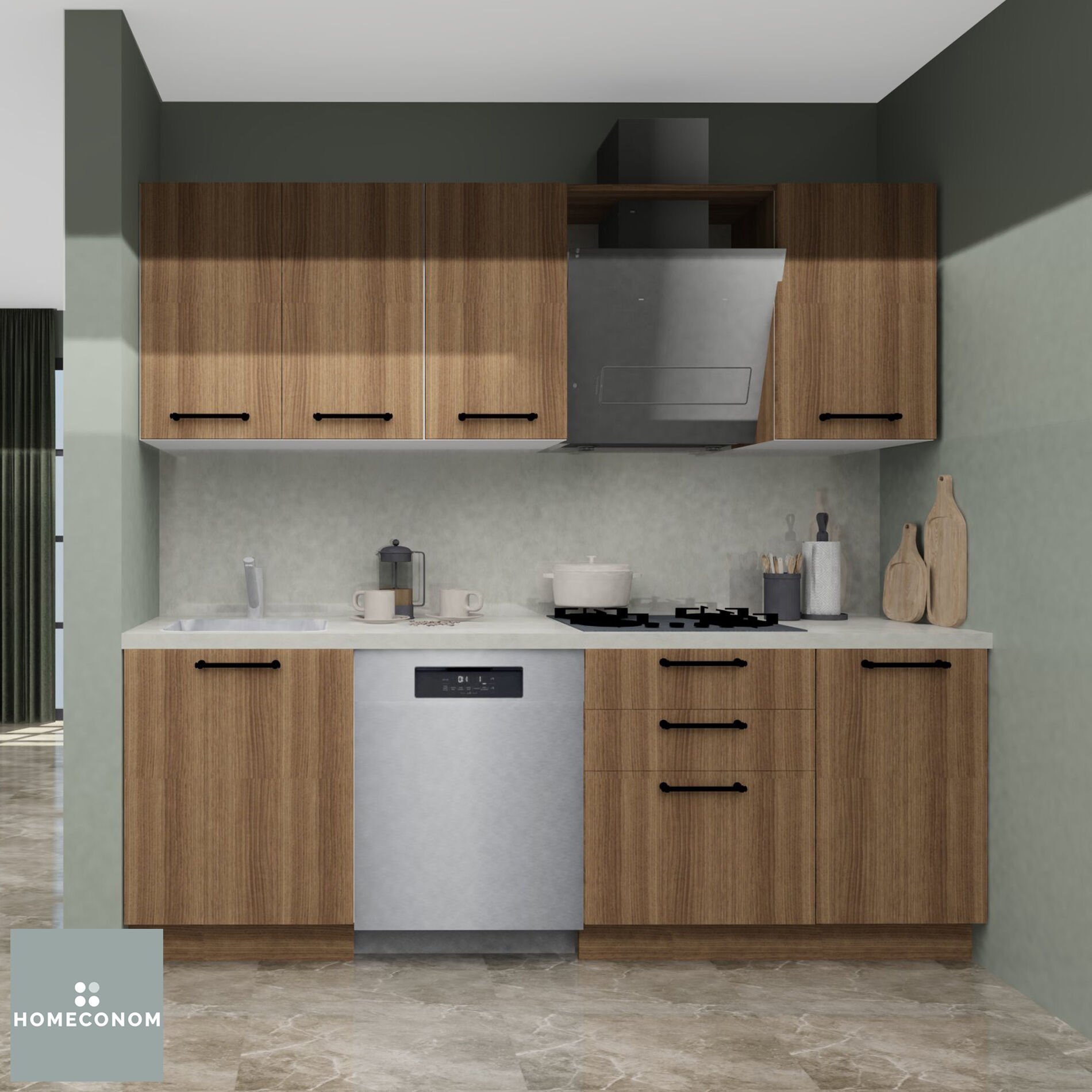 Sardes 225 cm Mat Ceviz MDF Lam Mutfak Dolabı