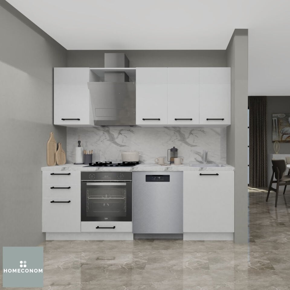 Angkor Baker 225 cm Parlak Beyaz MDF Lam Mutfak Dolabı