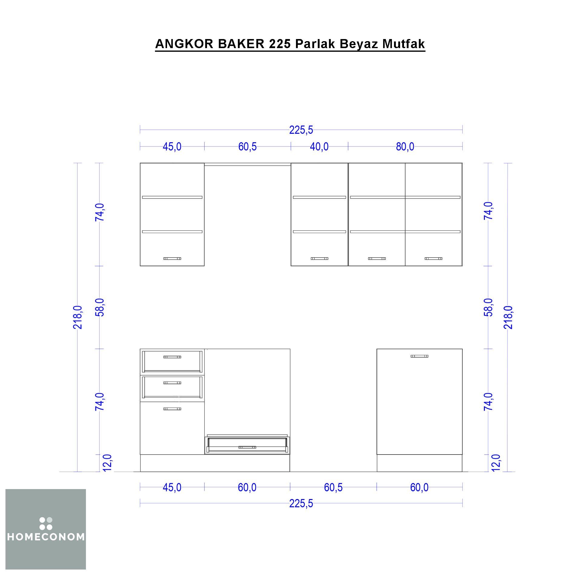 Angkor Baker 225 cm Parlak Beyaz MDF Lam Mutfak Dolabı
