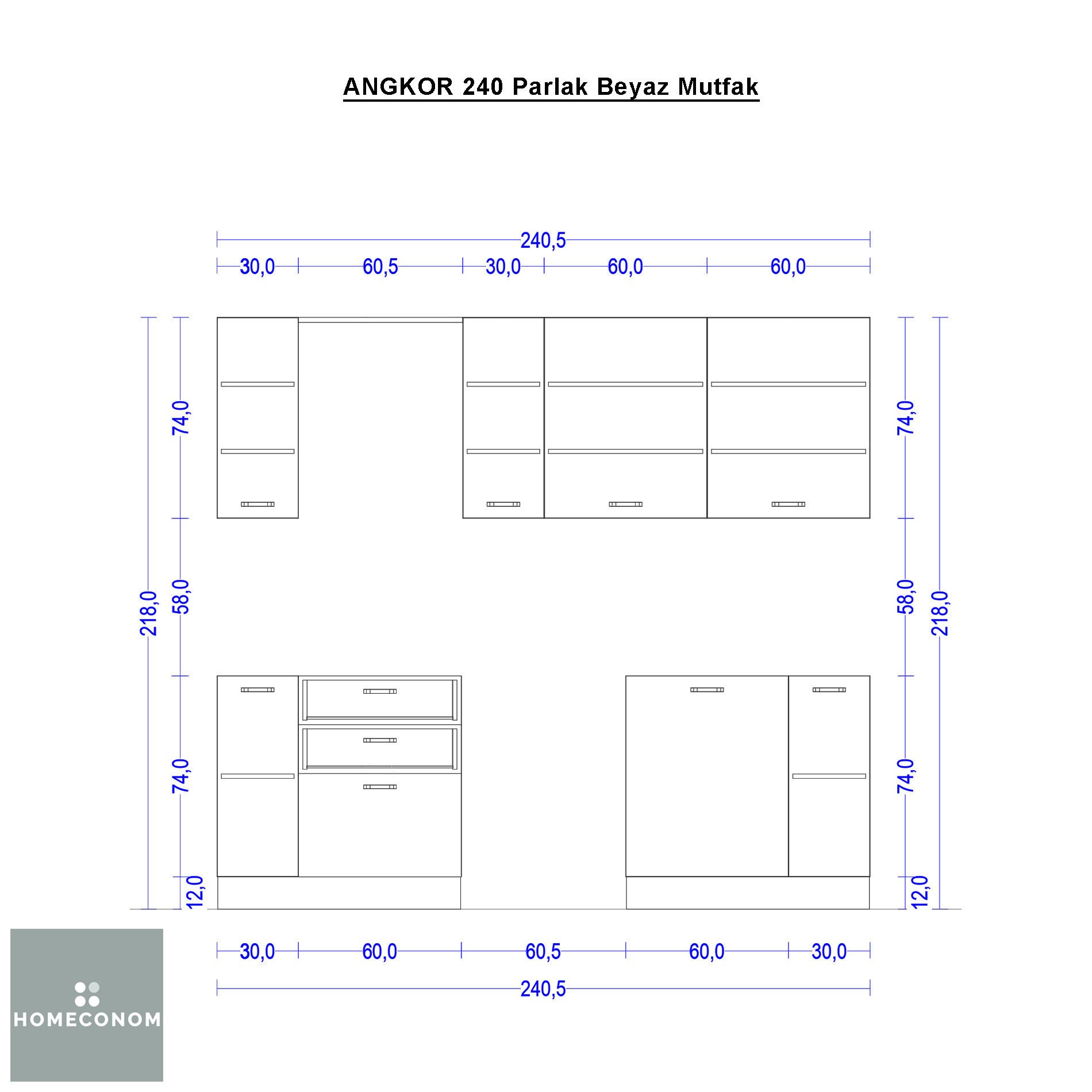 Angkor 240 cm Parlak Beyaz MDF Lam Mutfak Dolabı