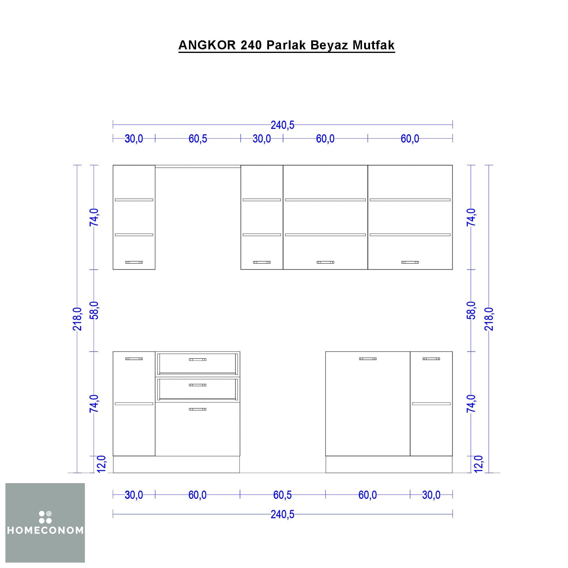 Angkor 240 cm Parlak Beyaz MDF Lam Mutfak Dolabı