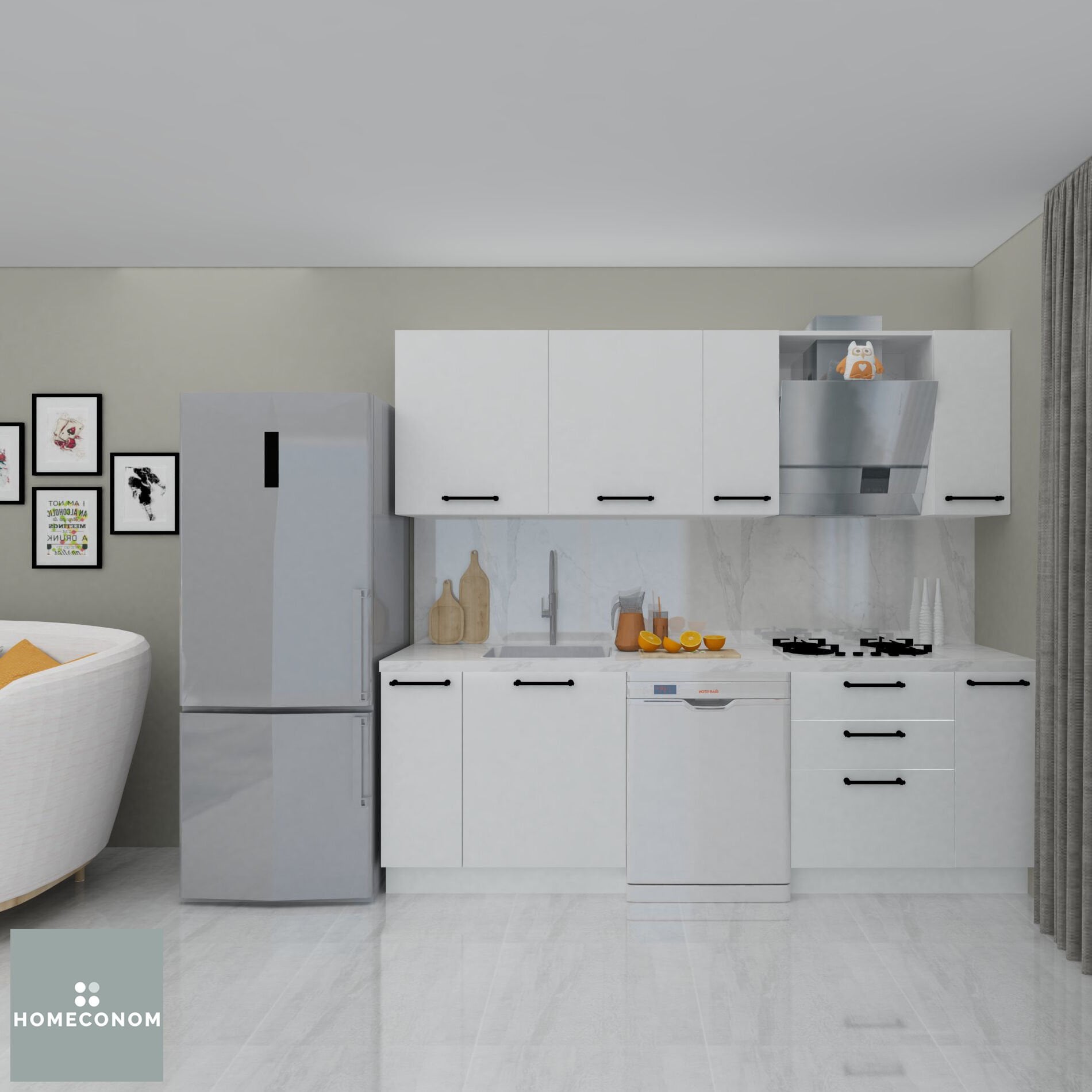 Tiana 240 cm Parlak Beyaz MDF Lam Mutfak Dolabı