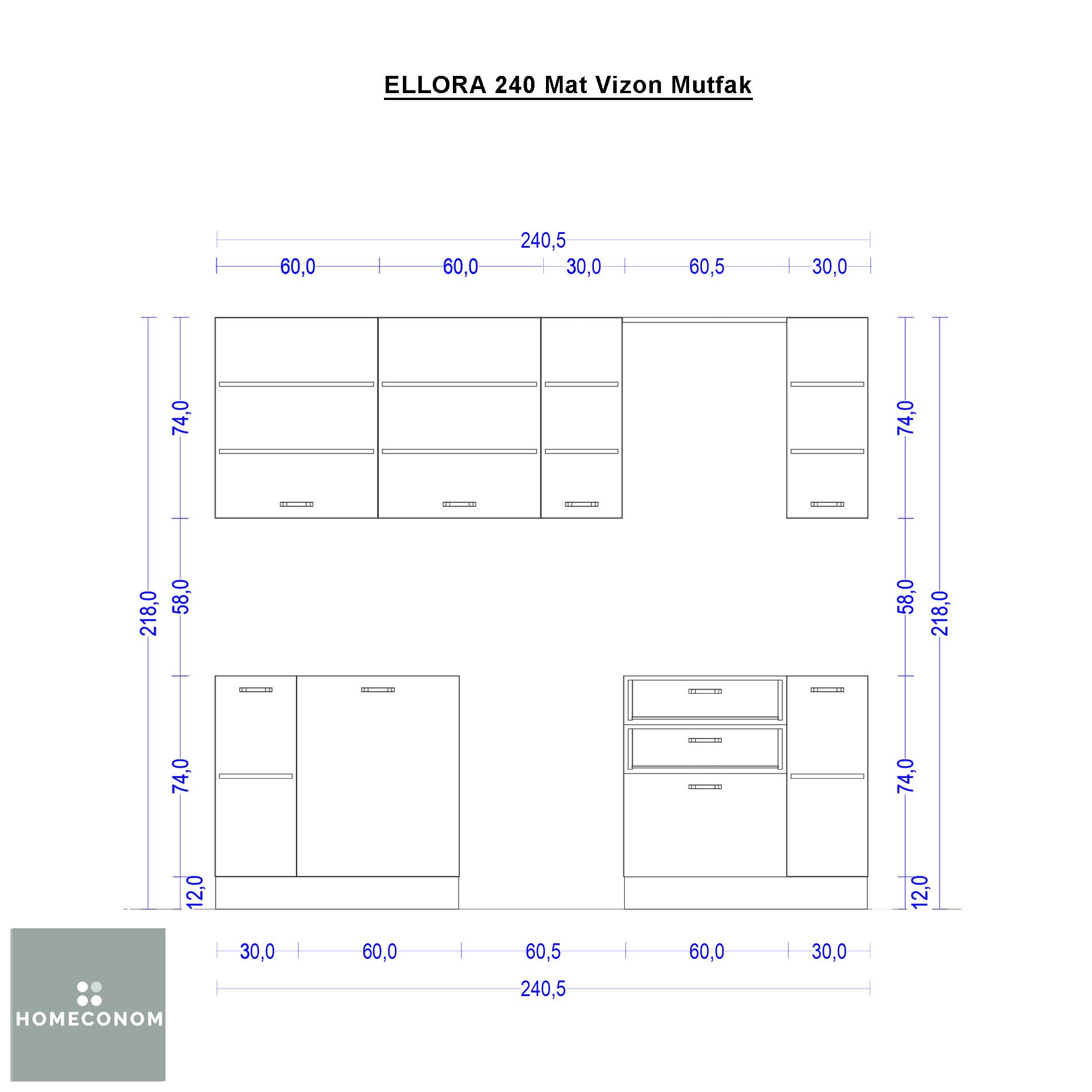 Ellora 240 cm Mat Vizon MDF Lam Mutfak Dolabı