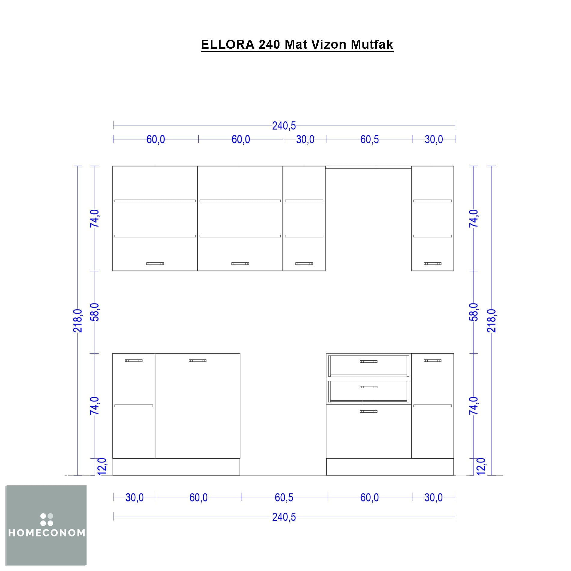 Ellora 240 cm Mat Vizon MDF Lam Mutfak Dolabı