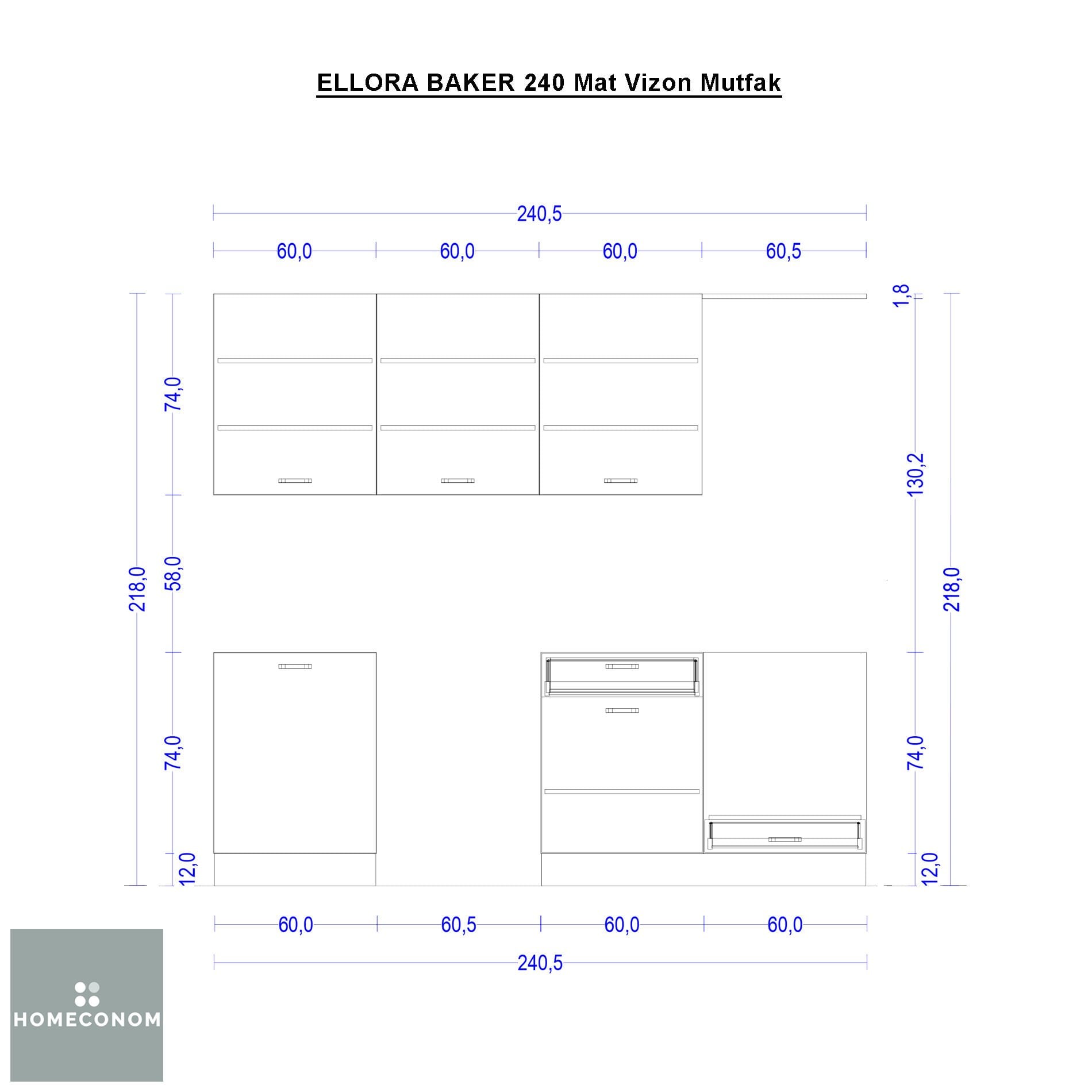 Ellora Baker 240 cm Mat Vizon MDF Lam Mutfak Dolabı