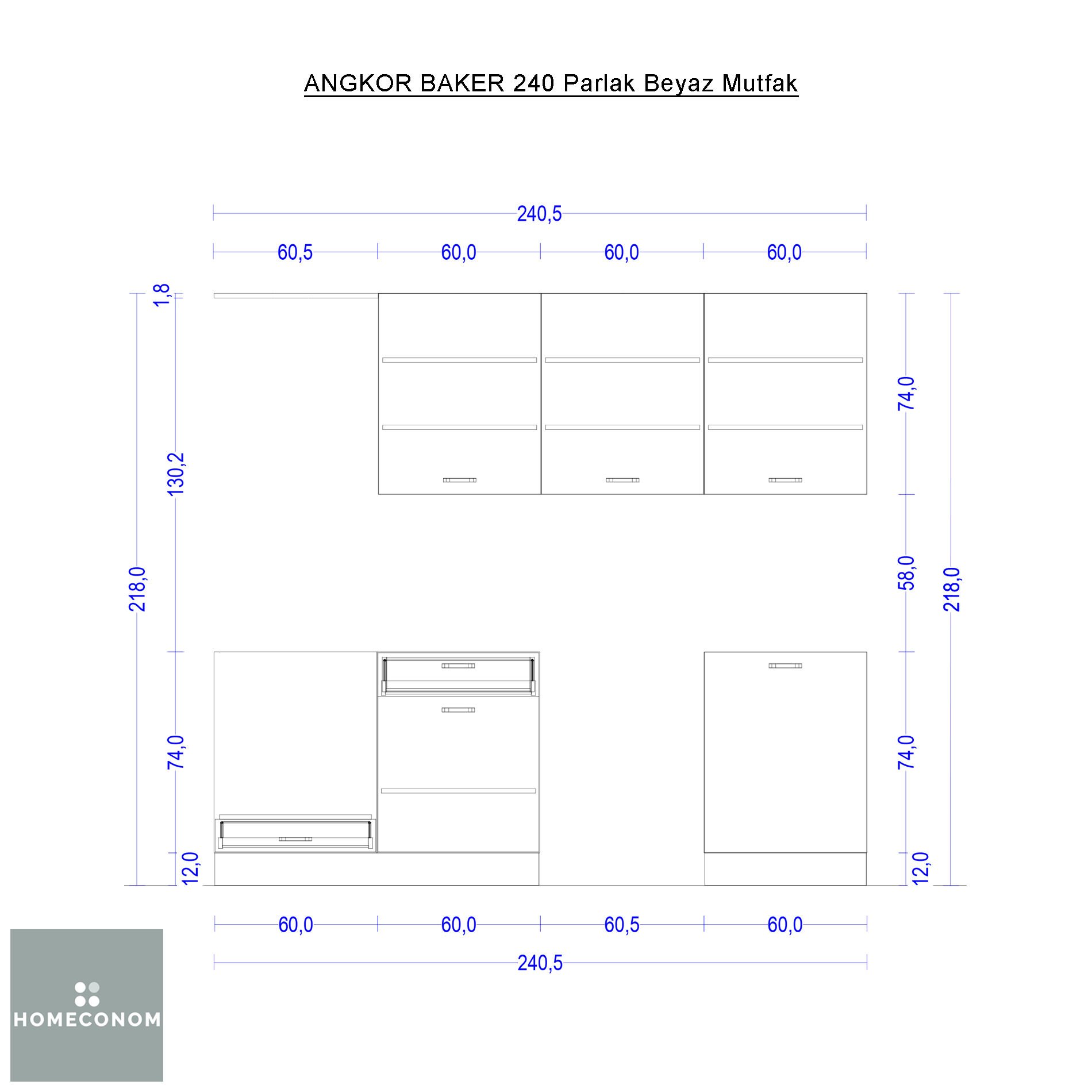 Angkor Baker 240 cm Parlak Beyaz MDF Lam Mutfak Dolabı