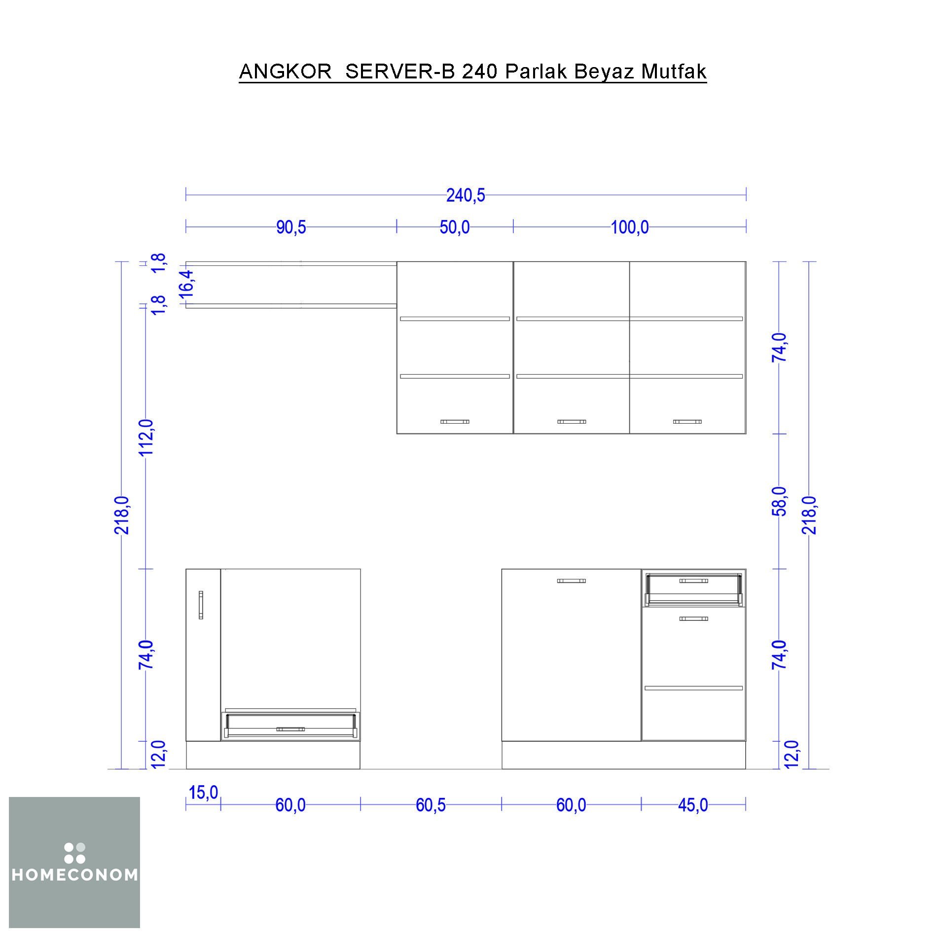ANGKOR SERVER-B 240 MDF Lam Parlak Beyaz Mutfak