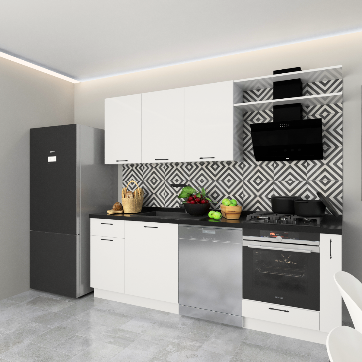 Tiana Server-B 240 cm Parlak Beyaz MDF Lam Mutfak Dolabı