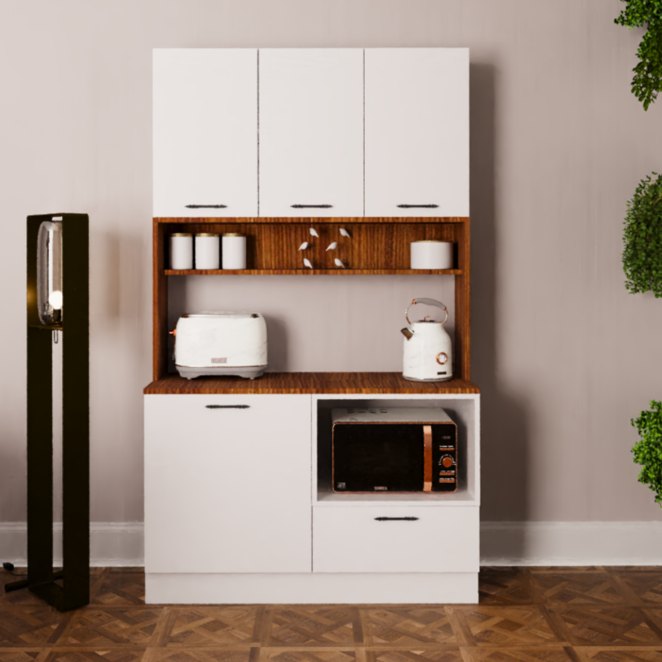 Argos Baker 120 cm Parlak Beyaz & Mat Ceviz MDF Lam Kahve  ve Mikrodalga Dolabı