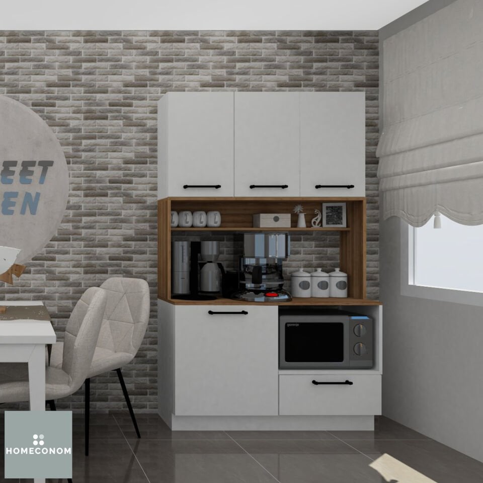 Argos Baker 120 cm Parlak Beyaz & Mat Ceviz MDF Lam Kahve  ve Mikrodalga Dolabı