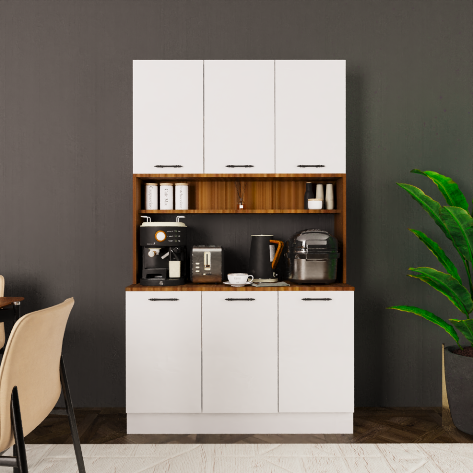 Argos 120 cm Parlak Beyaz & Mat Ceviz MDF Lam Kahve Köşesi Dolabı