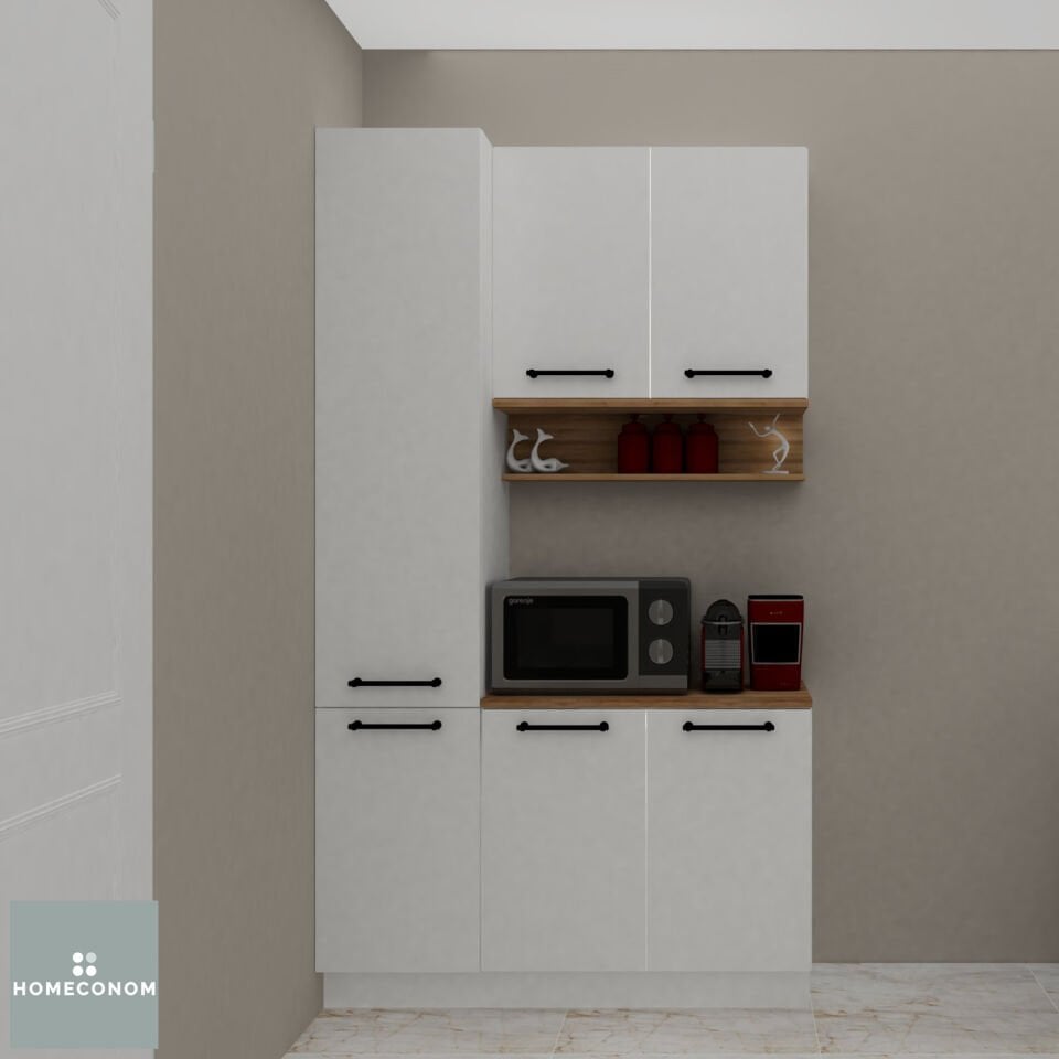 Arkadia Pantery 120 cm Parlak Beyaz & Mat Ceviz MDF Lam Kahve Köşesi Dolabı