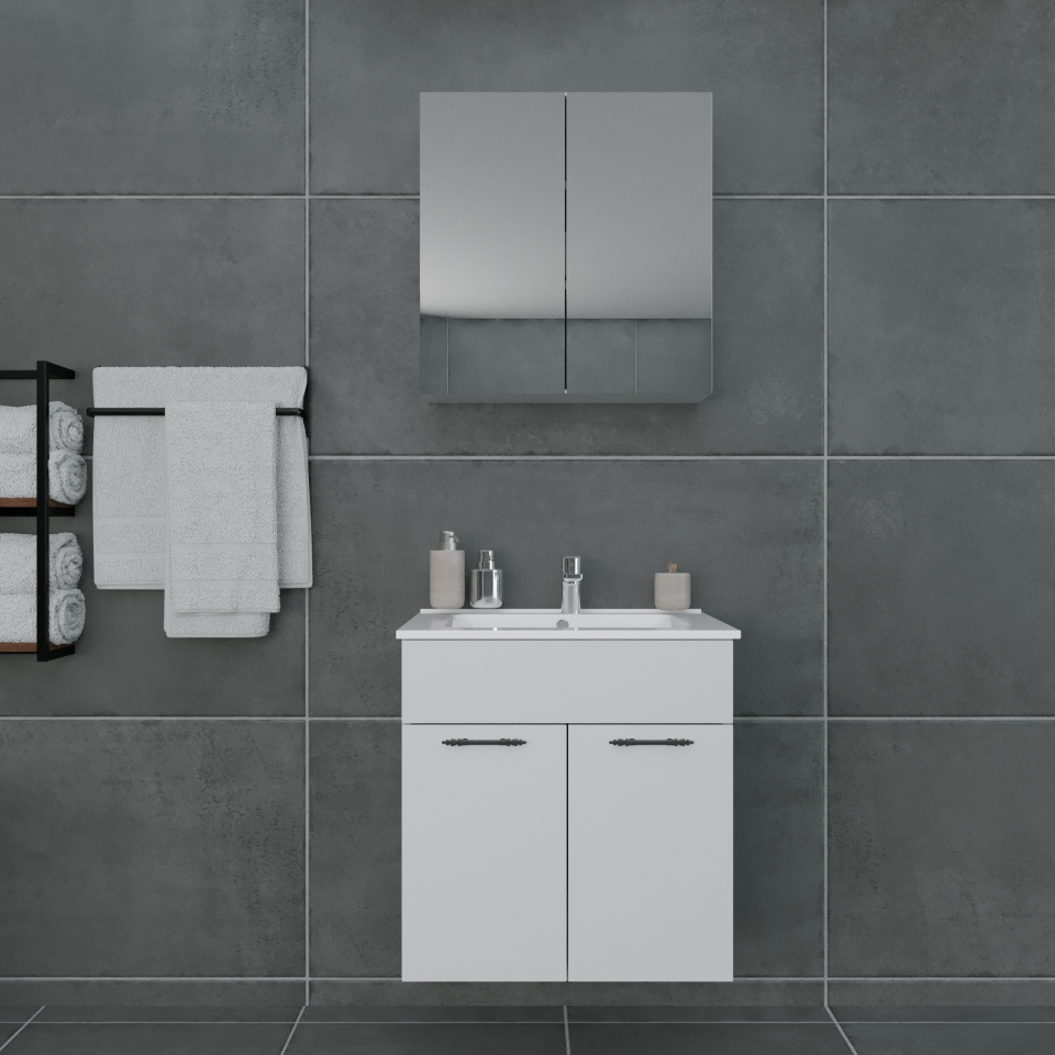 Regnum 65 cm Etajerli Lavabolu Parlak Beyaz MDF Lam Banyo Dolabı