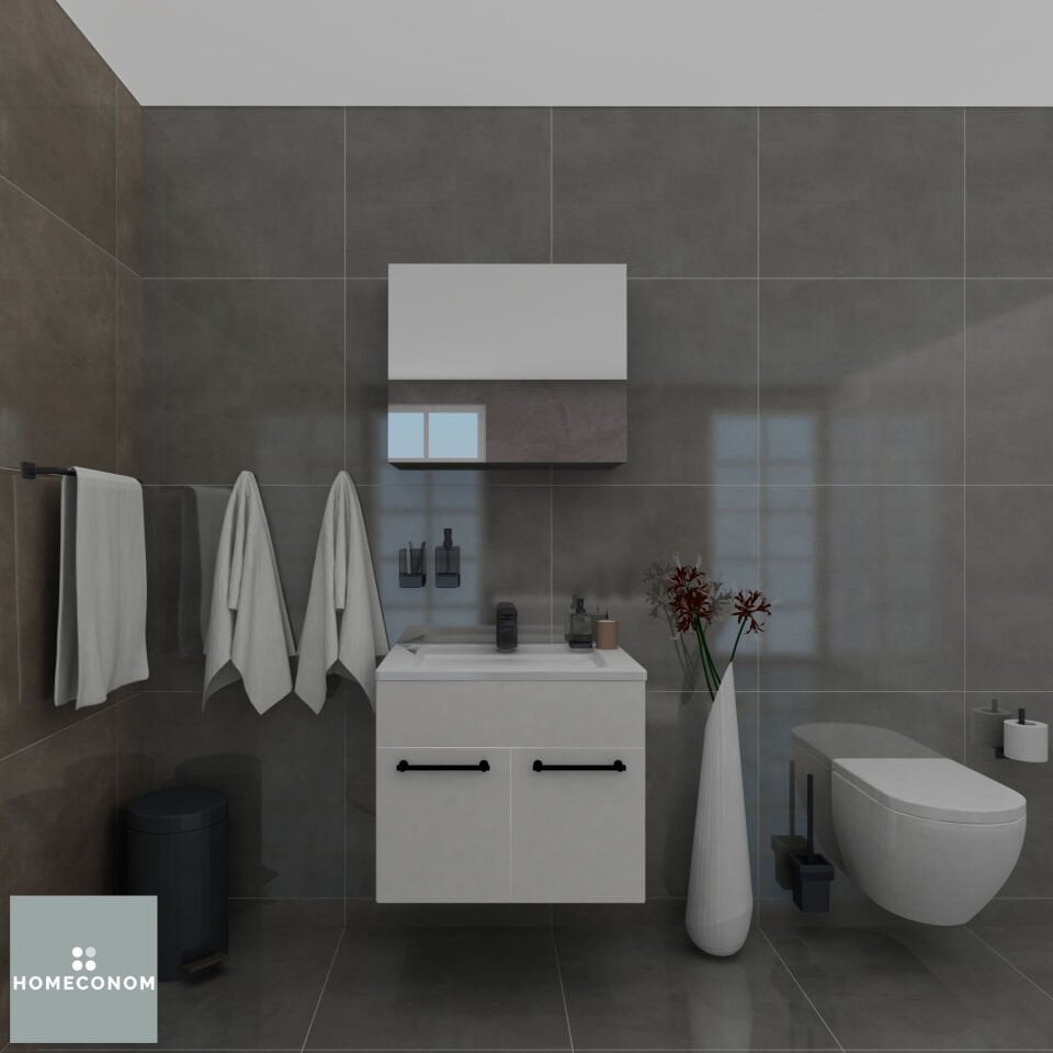 REGNUM 65 Etajerli Lavabolu Parlak Beyaz Banyo Dolabı
