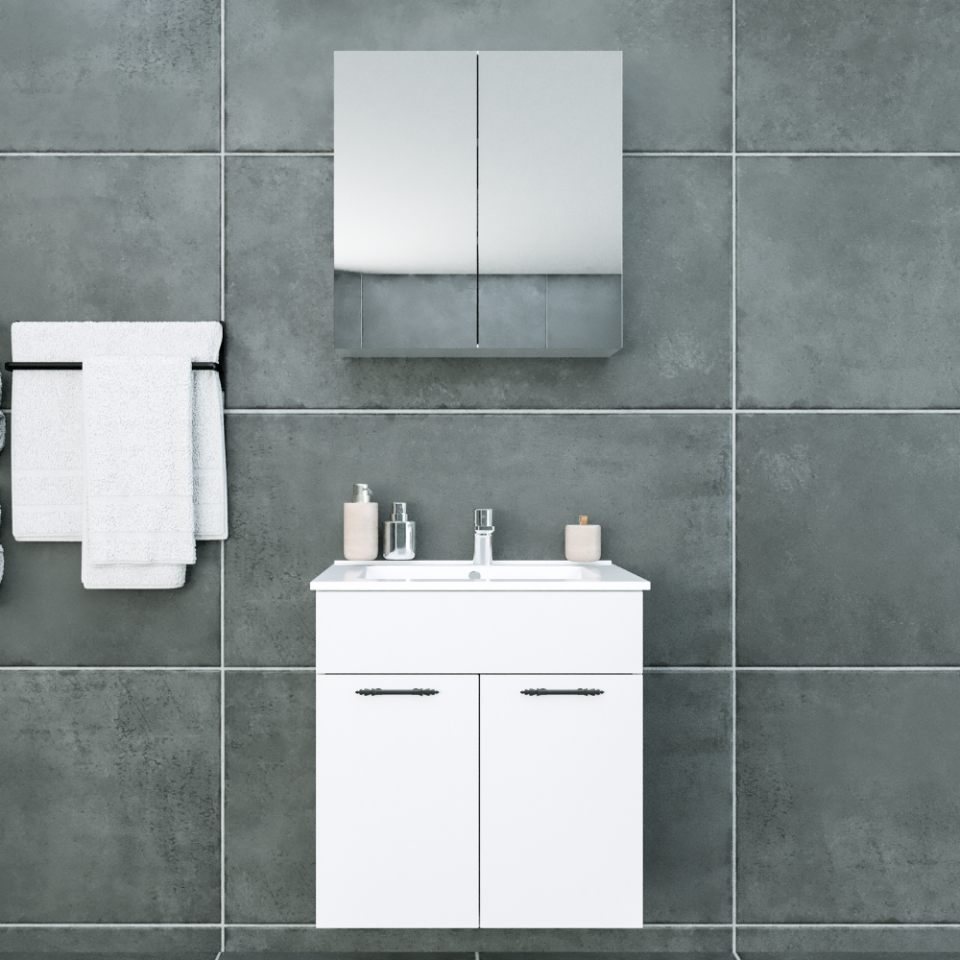 Regnum 65 cm Etajerli Lavabolu Parlak Beyaz MDF Lam Banyo Dolabı