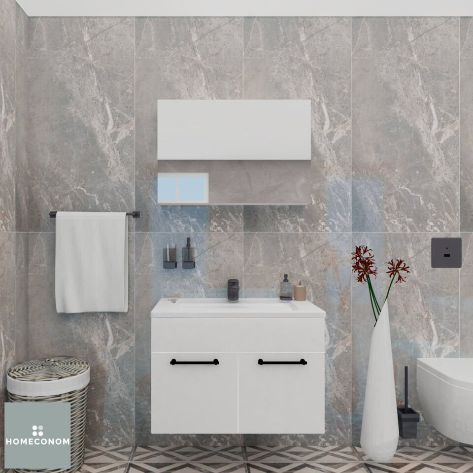 REGNUM 80 Etajerli Lavabolu Parlak Beyaz Banyo Dolabı