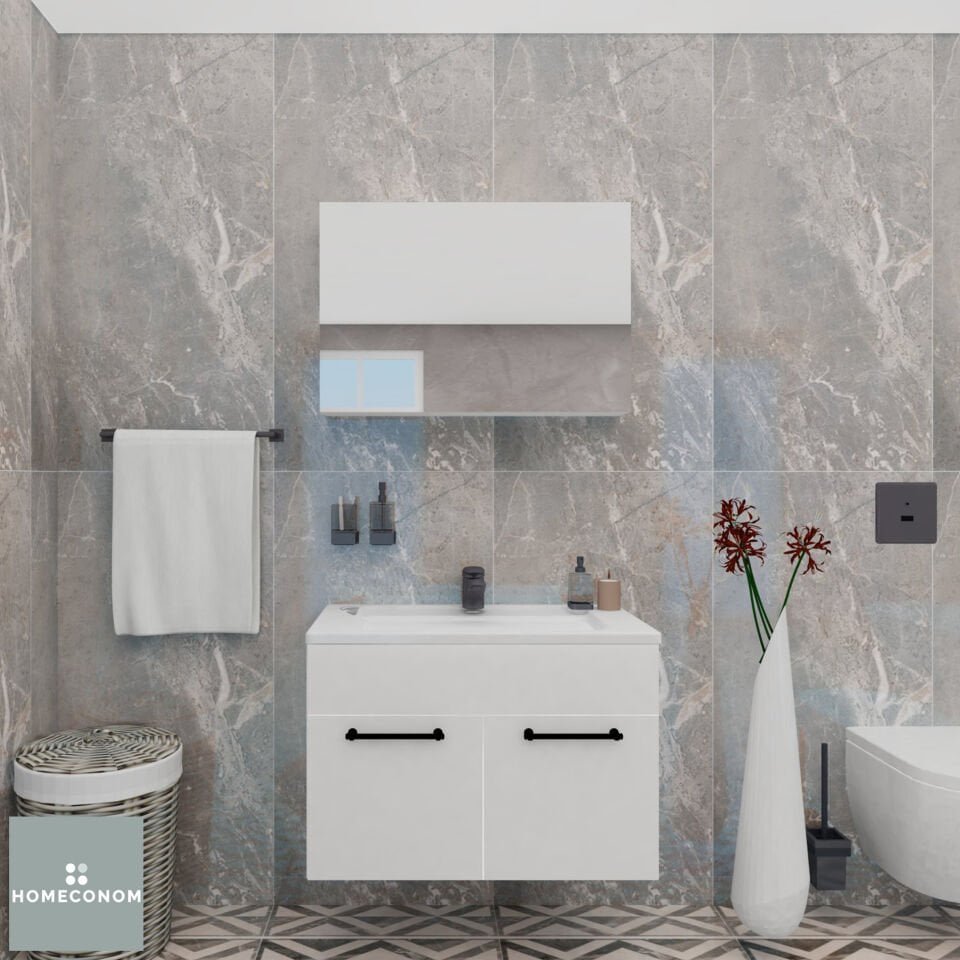 Regnum 80 cm Etajerli Lavabolu Parlak Beyaz MDF Lam Banyo Dolabı Takımı