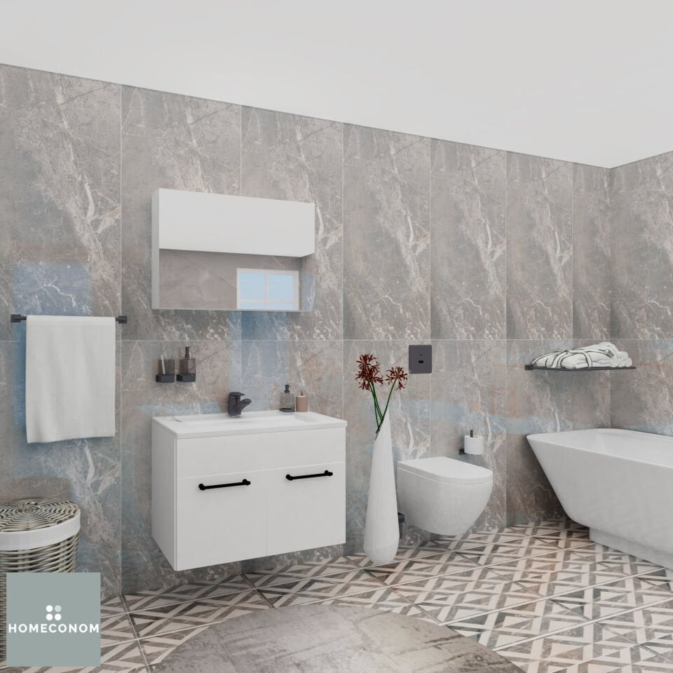 REGNUM 80 Etajerli Lavabolu Parlak Beyaz Banyo Dolabı