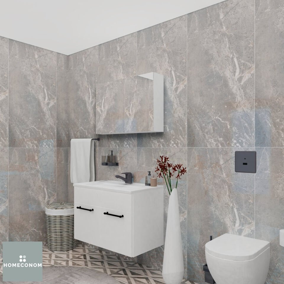 REGNUM 80 Etajerli Lavabolu Parlak Beyaz Banyo Dolabı