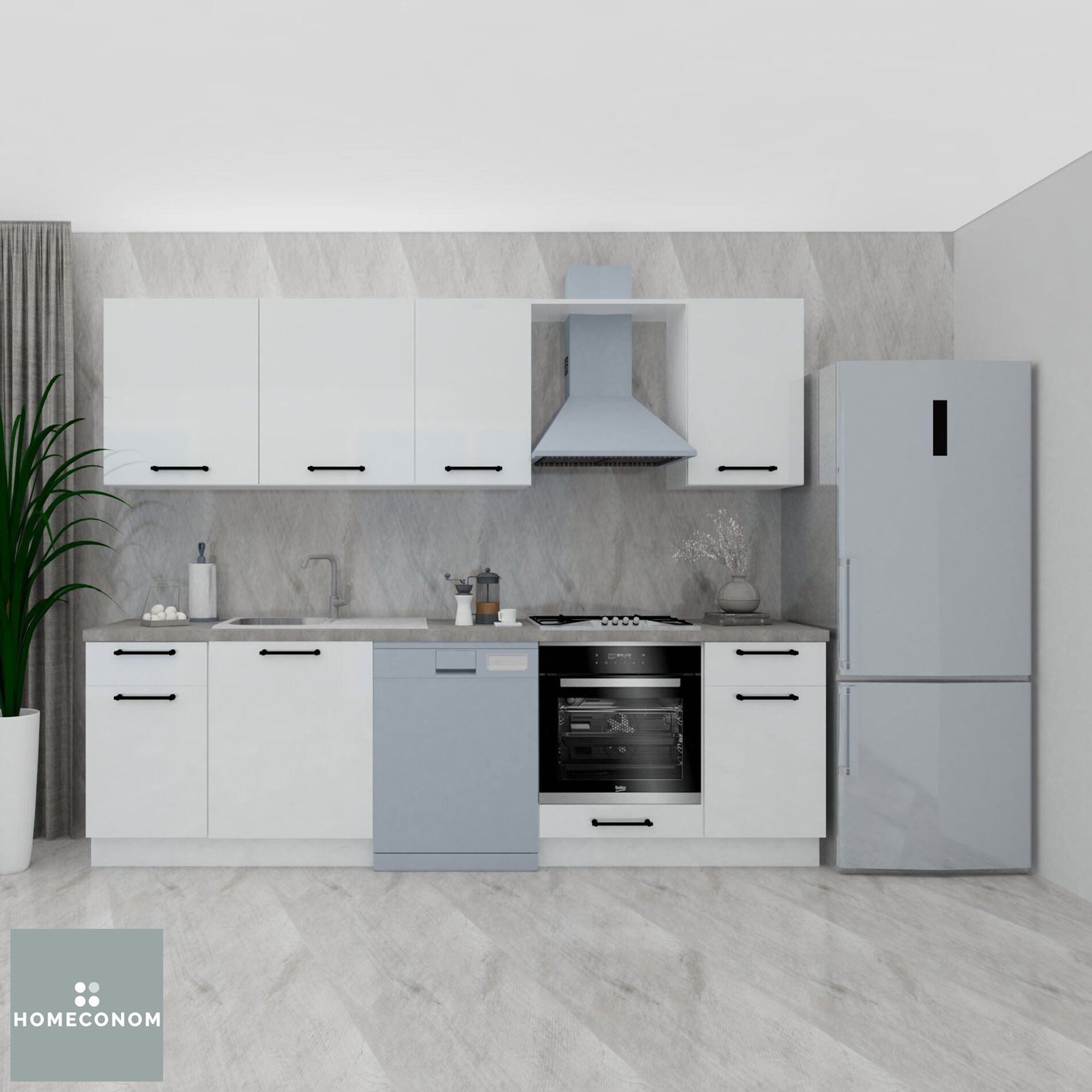 Tiana Baker 270 cm Parlak Beyaz MDF Lam Mutfak Dolabı