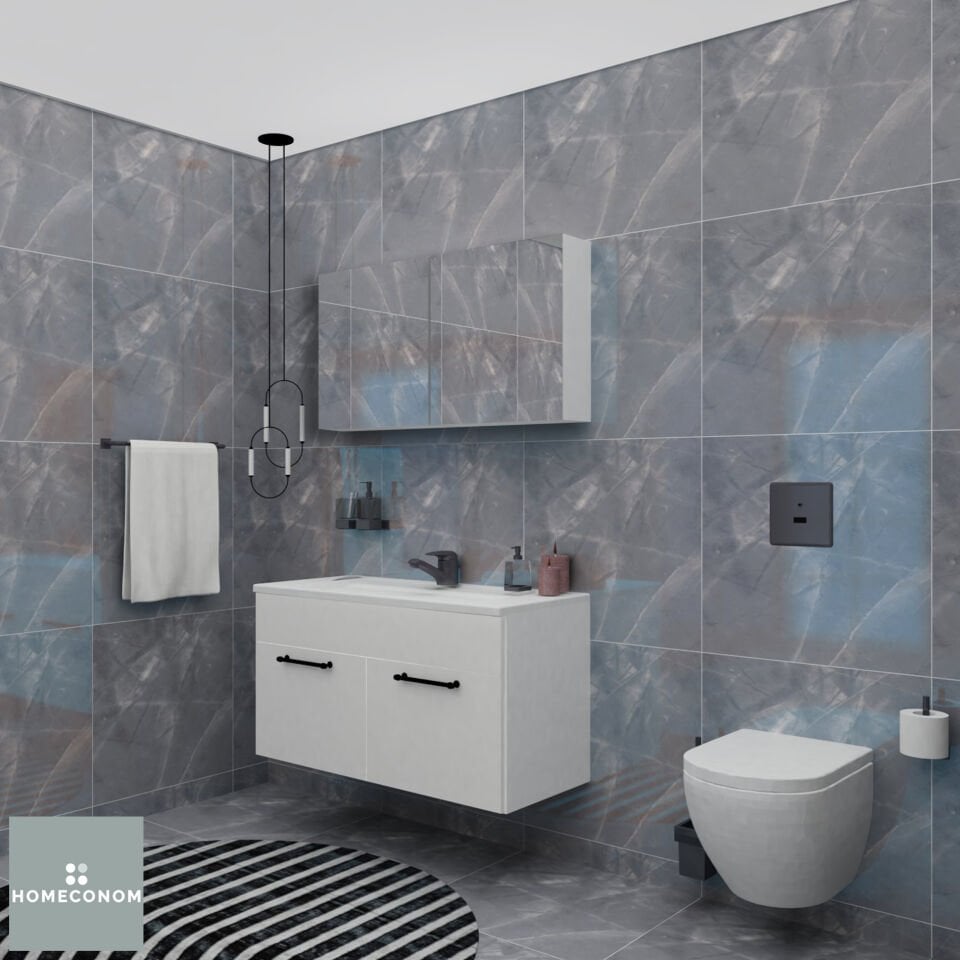 REGNUM 100 Etajerli Lavabolu Parlak Beyaz Banyo Dolabı