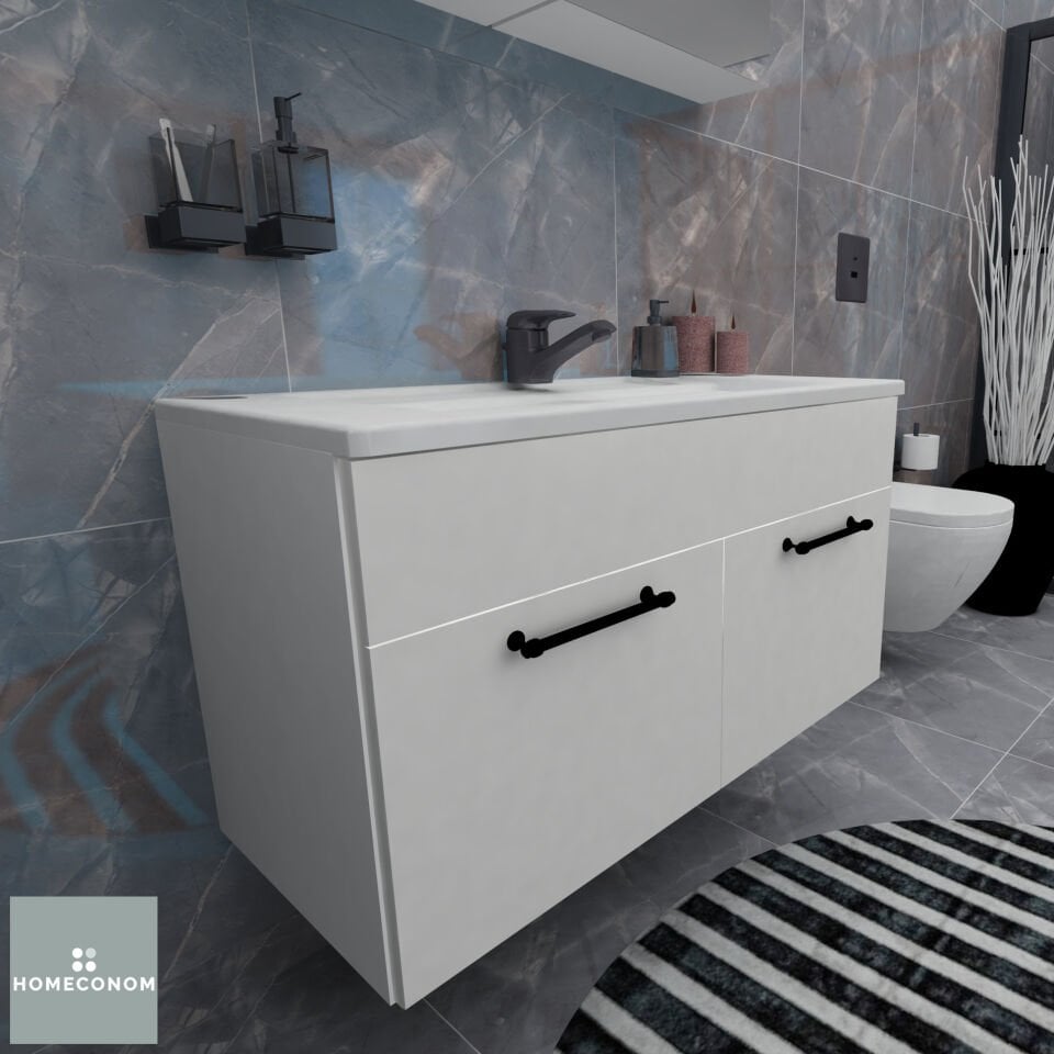 REGNUM 100 Etajerli Lavabolu Parlak Beyaz Banyo Dolabı
