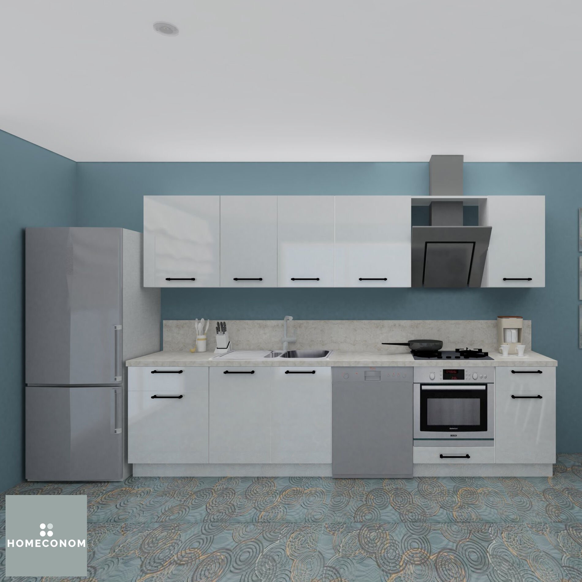 Tiana Baker 315 cm Parlak Beyaz MDF Lam Mutfak Dolabı