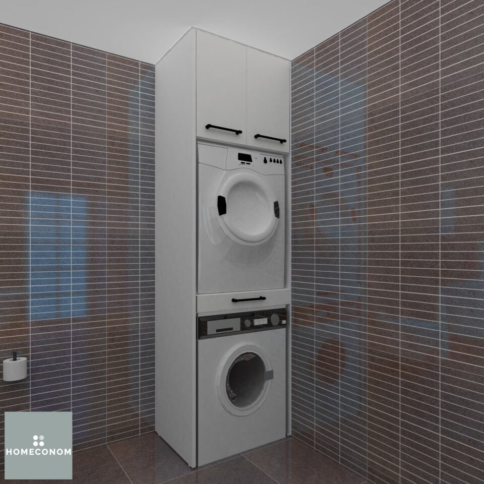 Ventre Long  70 cm Parlak Beyaz MDF Lam Çekmeceli Çamaşır Ve Kurutma Makinesi Dolabı