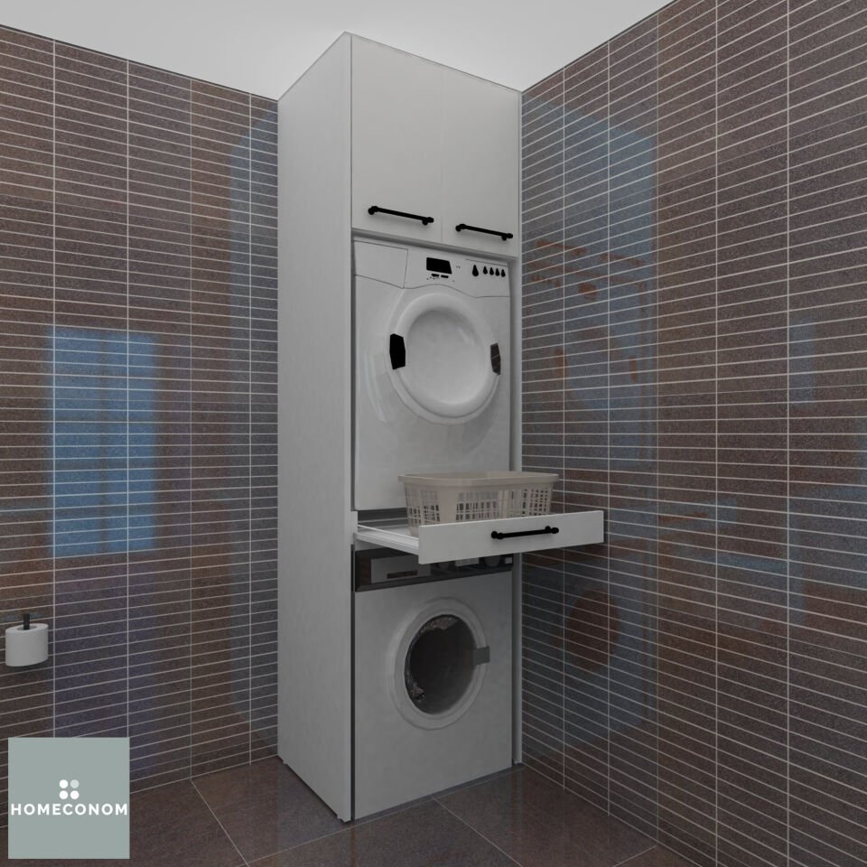 Ventre Long  70 cm Parlak Beyaz MDF Lam Çekmeceli Çamaşır Ve Kurutma Makinesi Dolabı