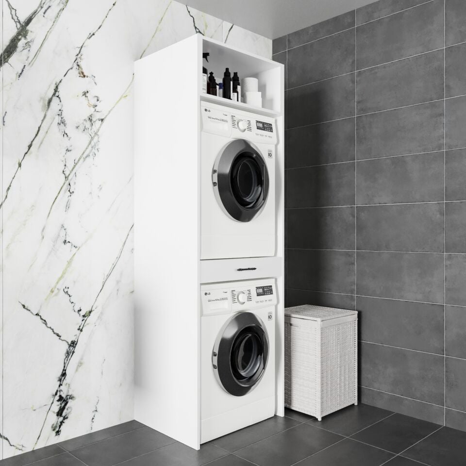Ventre 70 cm Çekmeceli Çamaşır Ve Kurutma Makinesi Dolabı Parlak Beyaz MDF Lam