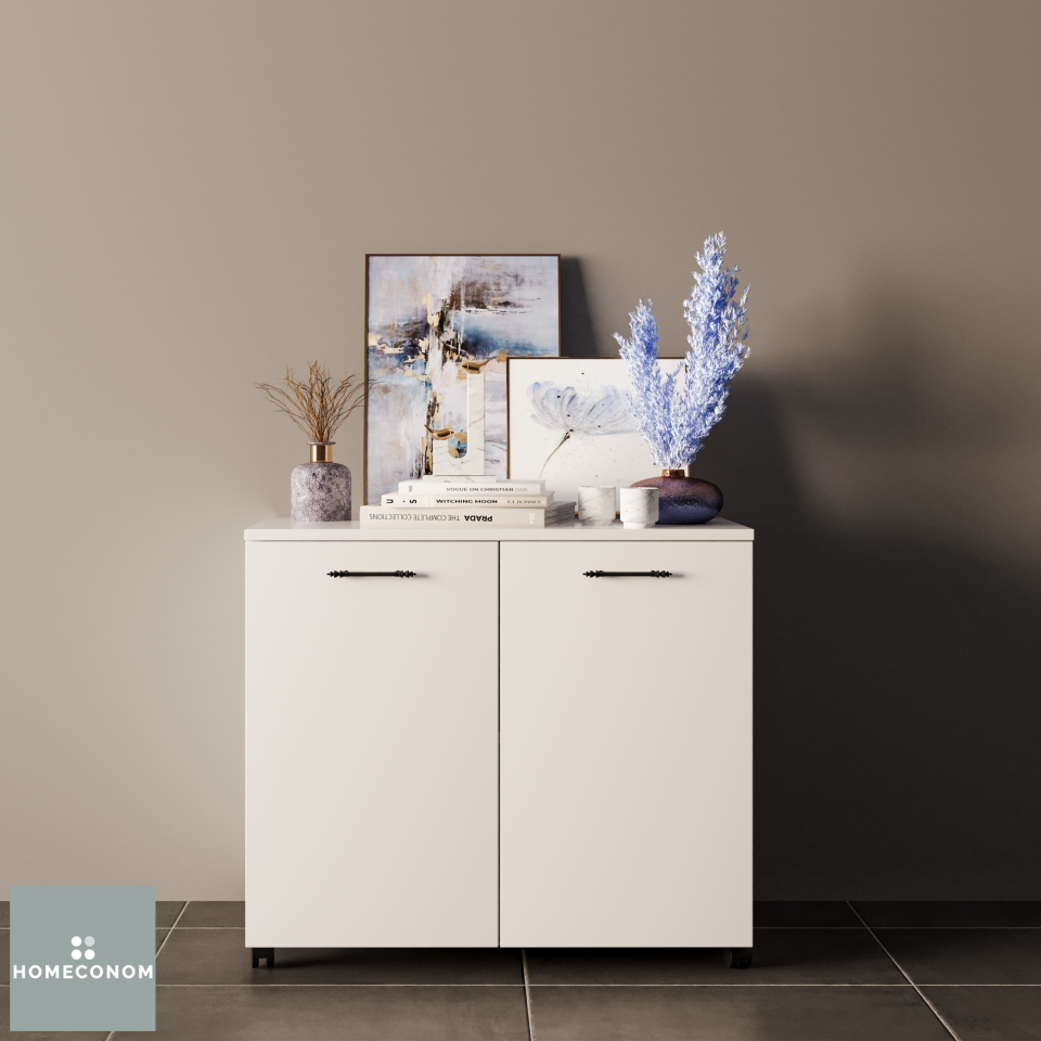 Liada Small 80 cm Parlak Beyaz MDF Lam Tekerlekli Ada Konsol Dolabı