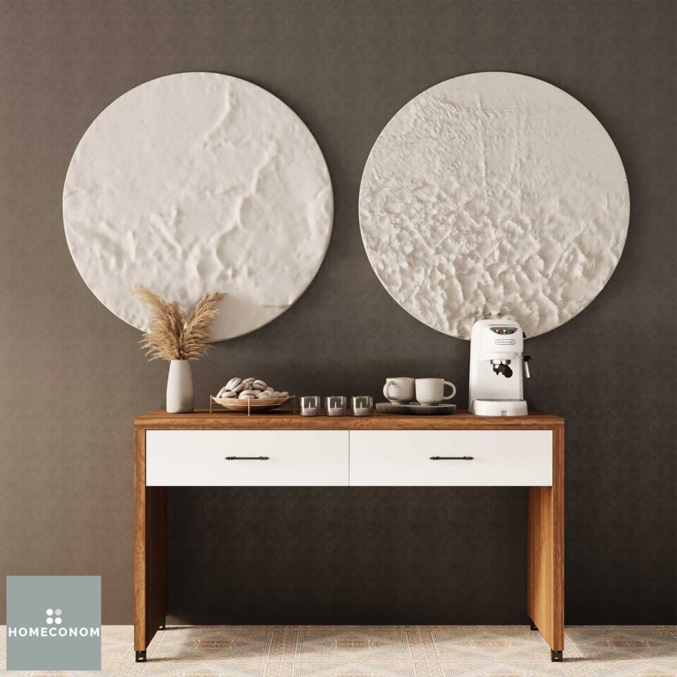 Larisa-S 140 cm Parlak Beyaz & Mat Ceviz MDF Lam Tekerlekli Çekmeceli Ada ve Dresuar