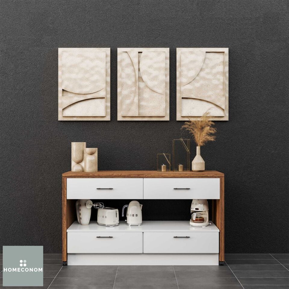 Larisa Middle 140 cm Parlak Beyaz & Mat Ceviz MDF Lam Tekerlekli Çekmeceli Kısa Alt Dolaplı Ada Dolabı