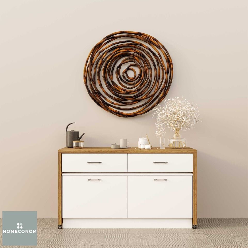 Larisa-L 140 cm Parlak Beyaz & Mat Ceviz MDF Lam Tekerlekli Çekmeceli Alt Dolaplı Ada Dolabı