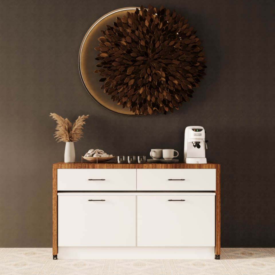 Larisa-L 140 cm Parlak Beyaz & Mat Ceviz MDF Lam Tekerlekli Çekmeceli Alt Dolaplı Ada Dolabı