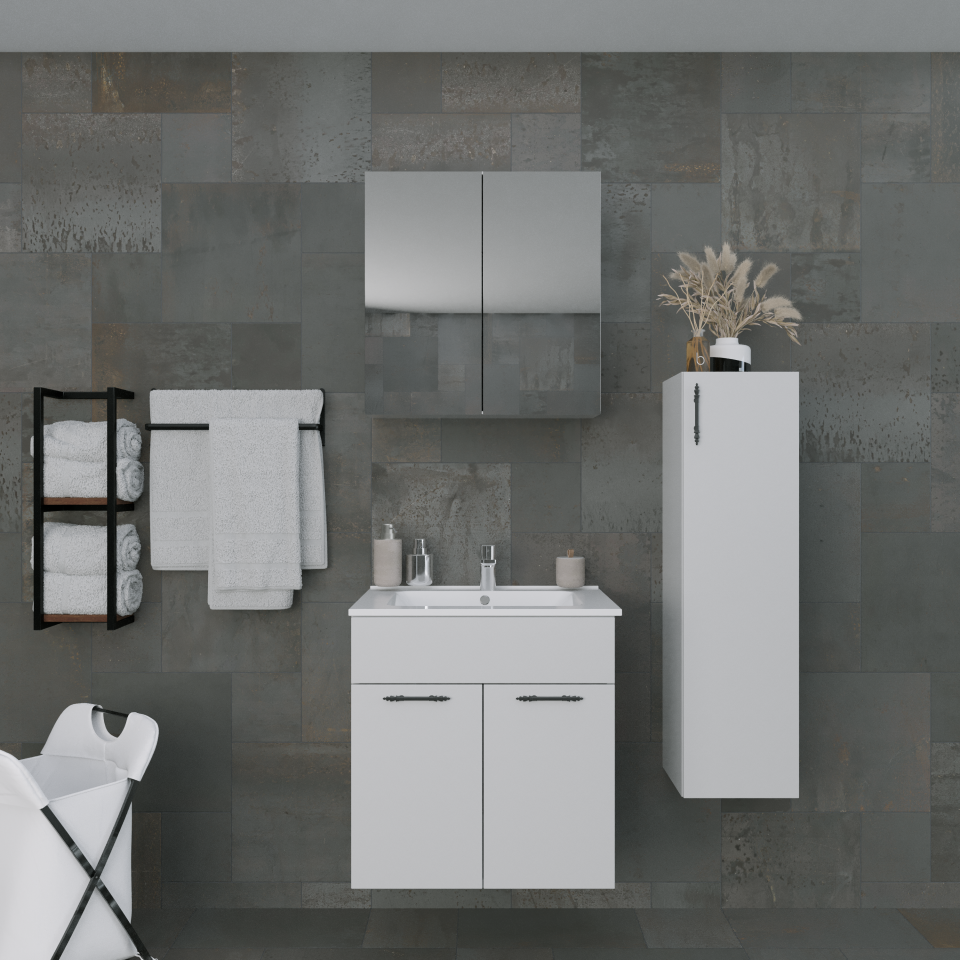 Regnum-L 65 cm Havlu Dolaplı, Etajerli Lavabolu Parlak Beyaz MDF Lam Banyo Dolabı Takımı