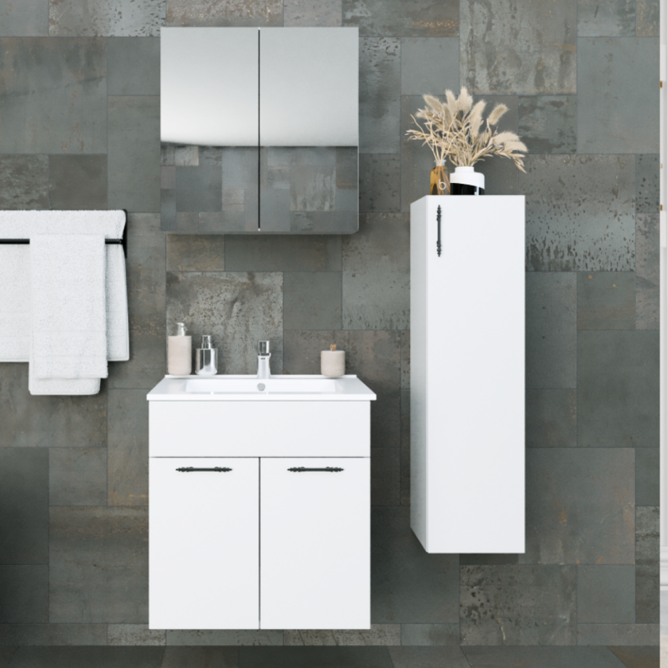 Regnum-L 65 cm Havlu Dolaplı, Etajerli Lavabolu Parlak Beyaz MDF Lam Banyo Dolabı Takımı