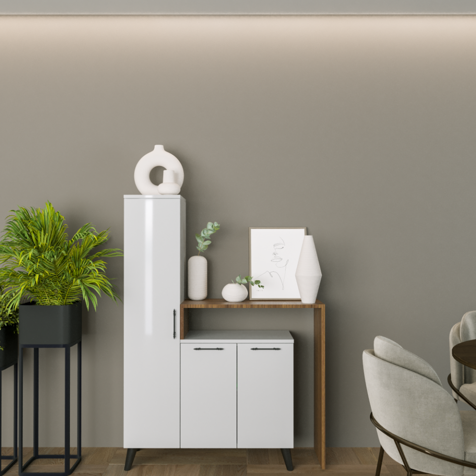 Balisa 90 cm Parlak Beyaz & Mat Ceviz MDF Lam Çok Amaçlı Dolap