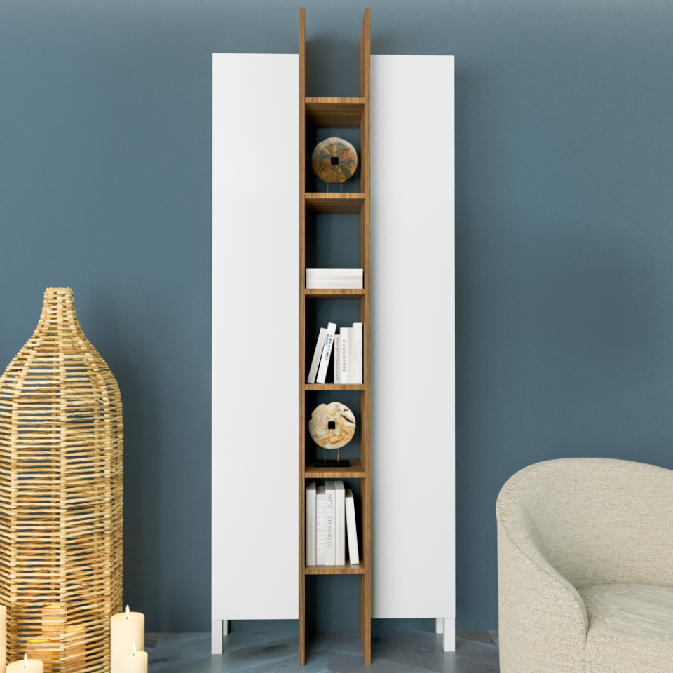 Dora 80 cm Parlak Beyaz & Mat Ceviz MDF Lam Dik Depolama Dolabı