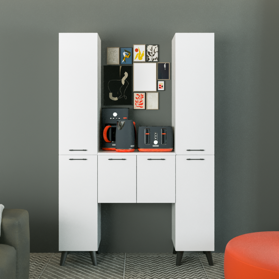 Harmoni 120 cm Parlak Beyaz MDF Lam Depolama Ve Kahve Köşesi Dolabı